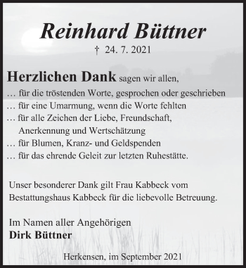 Traueranzeige von Reinhard Büttner von Deister- und Weserzeitung
