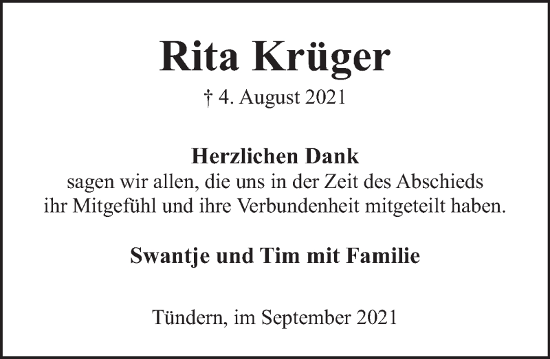  Traueranzeige für Rita Krüger vom 18.09.2021 aus Deister- und Weserzeitung