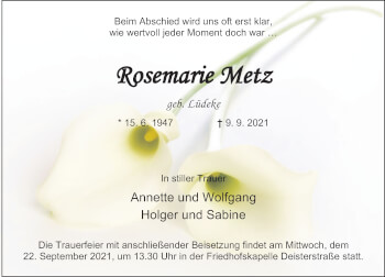 Traueranzeige von Rosemarie Metz von Deister- und Weserzeitung