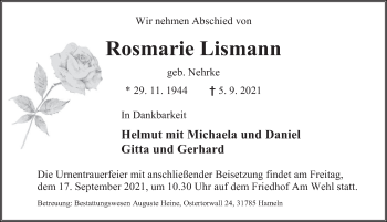 Traueranzeige von Rosenarie Lismann von Deister- und Weserzeitung
