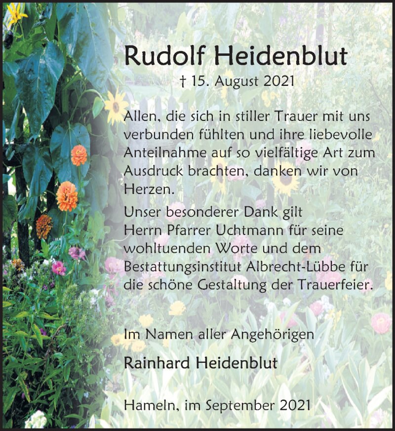  Traueranzeige für Rudolf Heidenblut vom 18.09.2021 aus Deister- und Weserzeitung