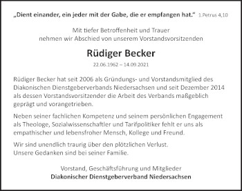 Traueranzeige von Rüdiger Becker von Deister- und Weserzeitung