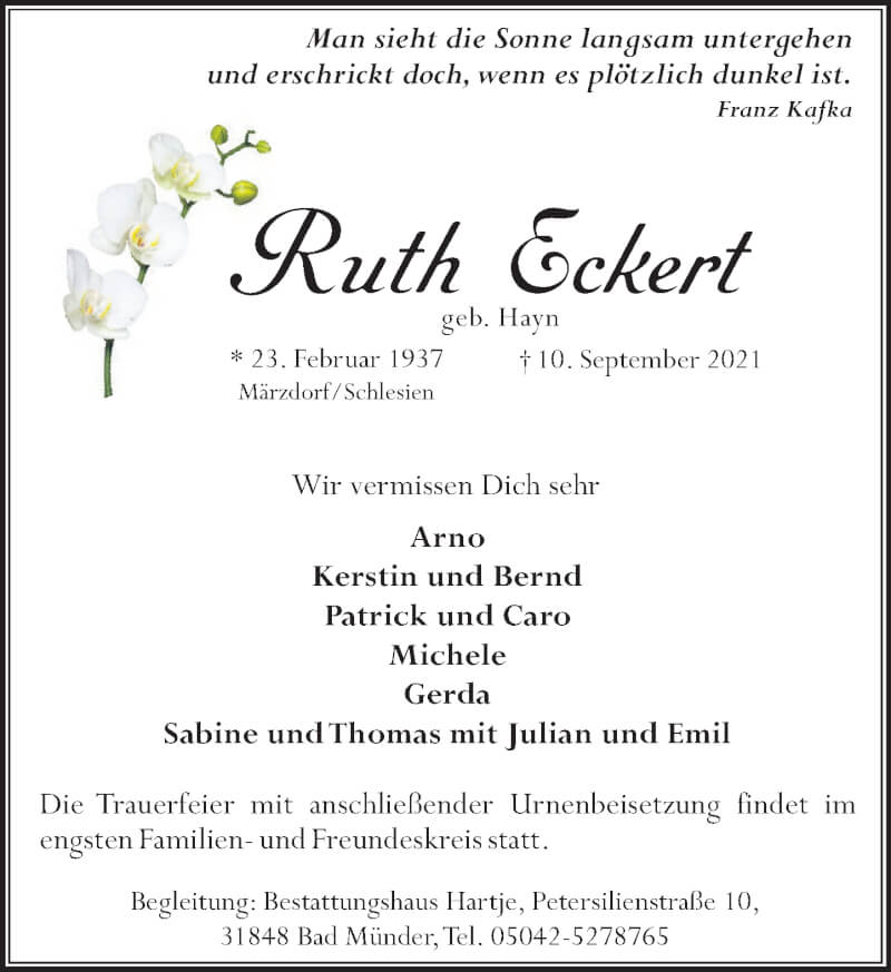  Traueranzeige für Ruth Eckert vom 18.09.2021 aus Neue Deister-Zeitung