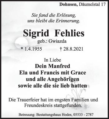 Traueranzeige von Sigrid Fehlies von Deister- und Weserzeitung