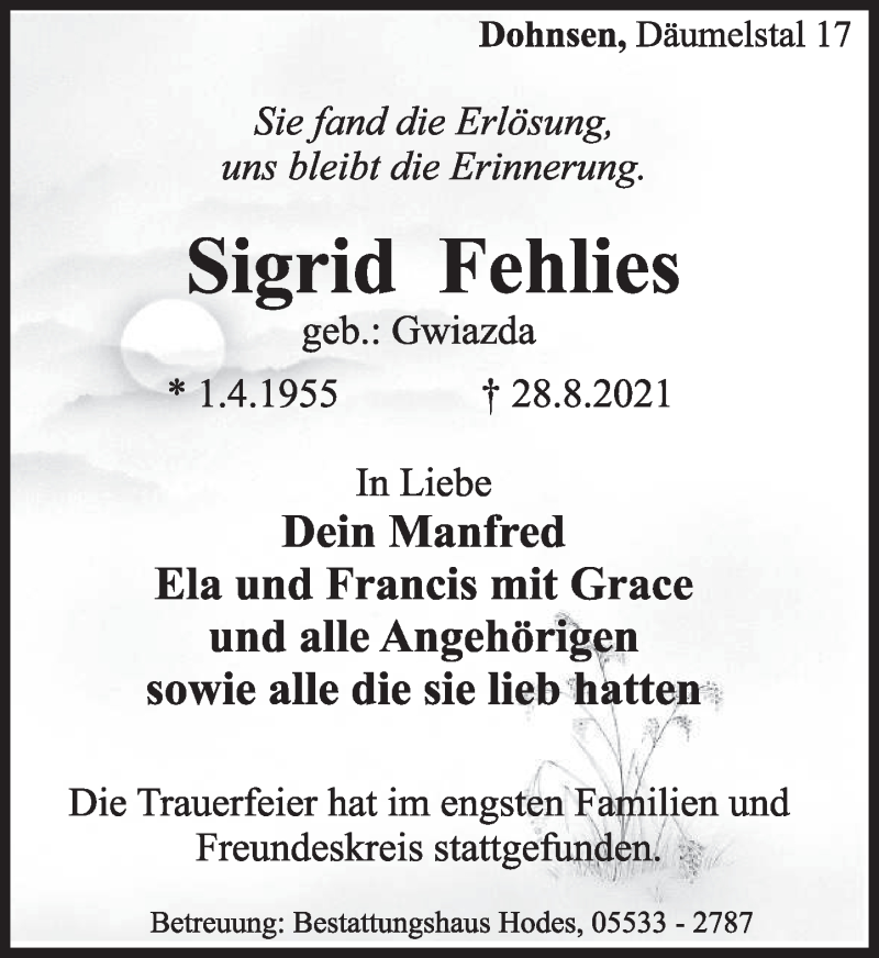  Traueranzeige für Sigrid Fehlies vom 04.09.2021 aus Deister- und Weserzeitung