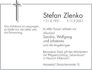 Traueranzeige von Stefan Zlenko von Deister- und Weserzeitung