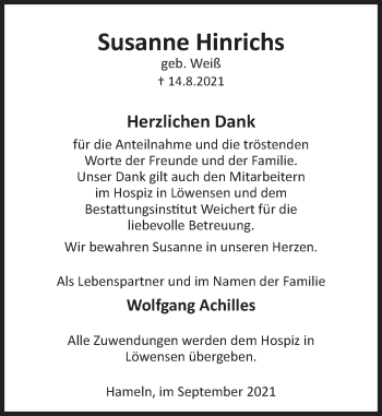 Traueranzeige von Susanne Hinrichs von Deister- und Weserzeitung