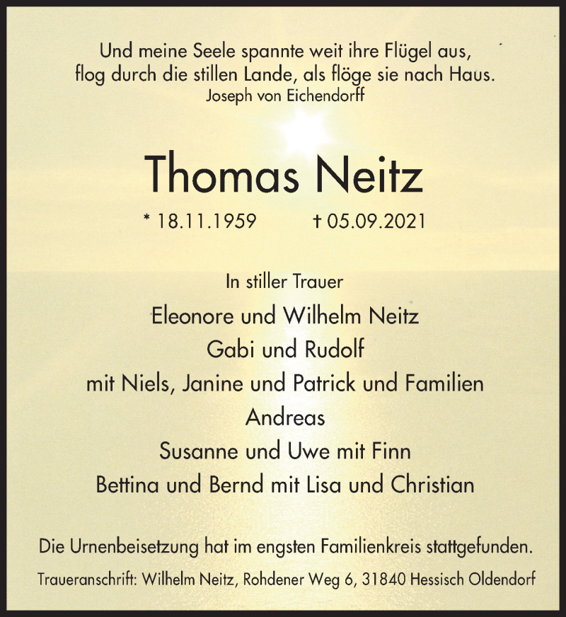  Traueranzeige für Thomas Neitz vom 18.09.2021 aus Deister- und Weserzeitung