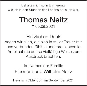Traueranzeige von Thomas Neitz von Deister- und Weserzeitung