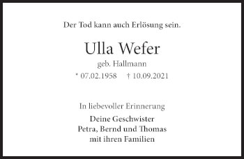 Traueranzeige von Ulla Wefer von Deister- und Weserzeitung