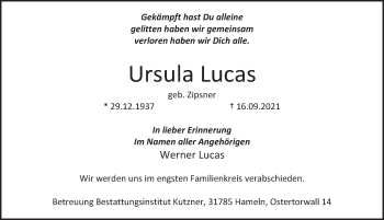 Traueranzeige von Ursula Lucas von Deister- und Weserzeitung