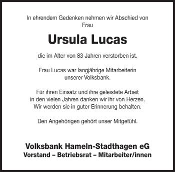 Traueranzeige von Ursula Lucas von Deister- und Weserzeitung