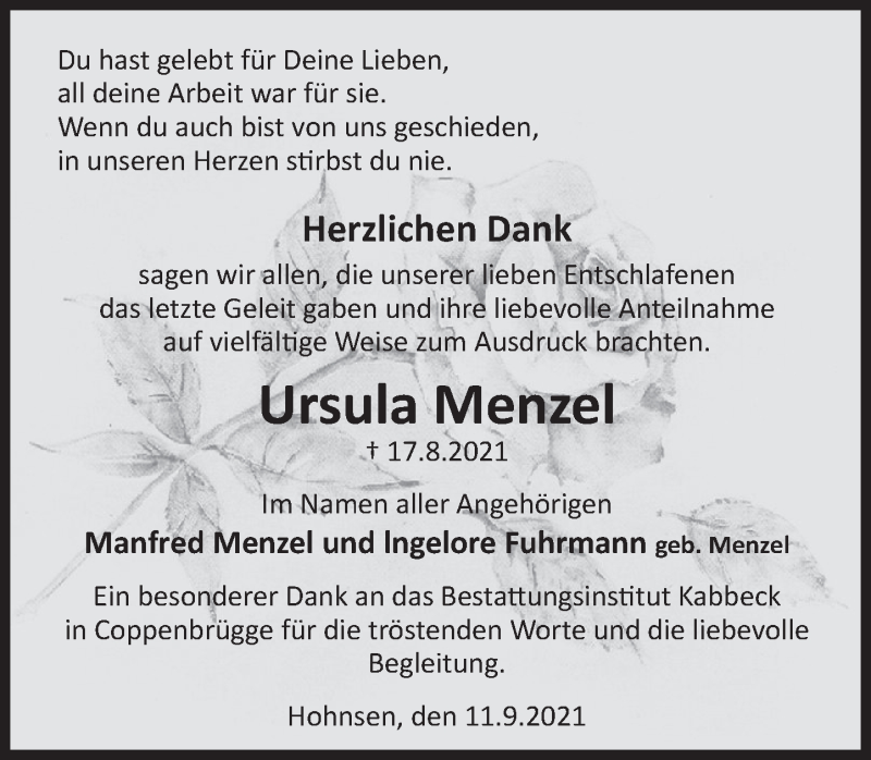  Traueranzeige für Ursula Menzel vom 11.09.2021 aus Deister- und Weserzeitung