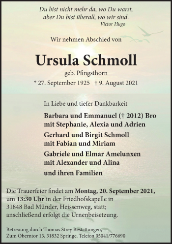 Traueranzeige von Ursula Schmoll von Neue Deister-Zeitung