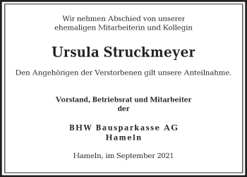Traueranzeige von Ursula Struckmeyer von Deister- und Weserzeitung