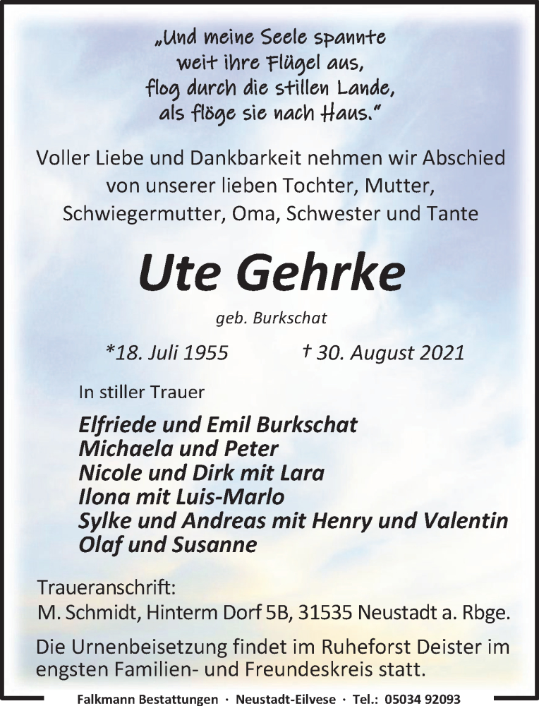  Traueranzeige für Ute Gehrke vom 04.09.2021 aus Neue Deister-Zeitung