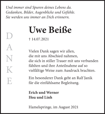 Traueranzeige von Uwe Beiße von Neue Deister-Zeitung