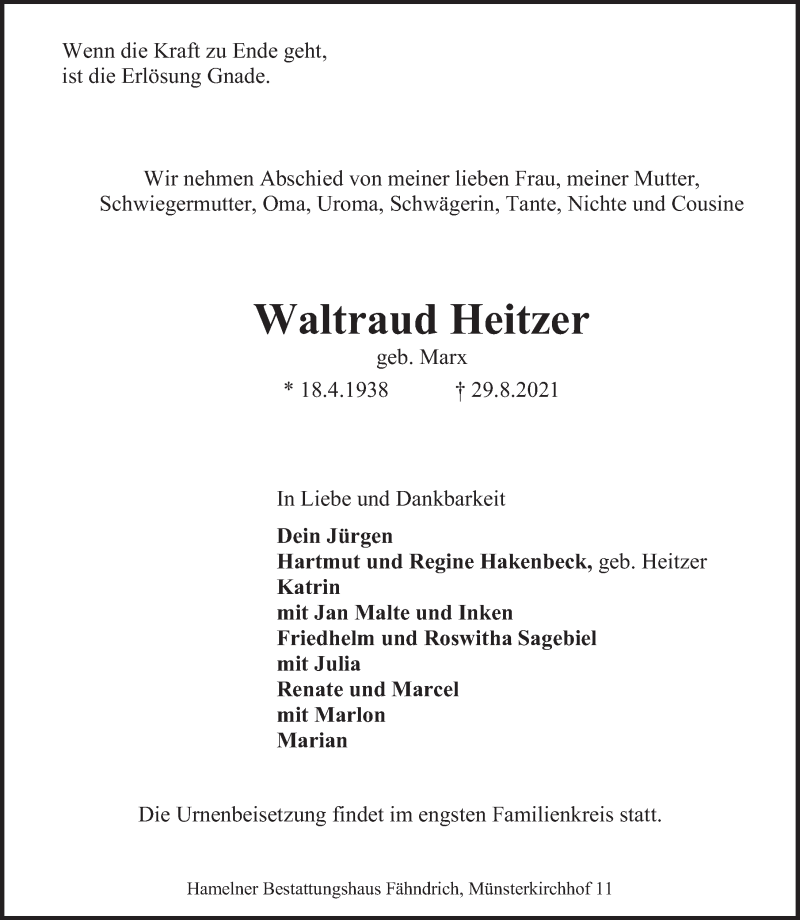  Traueranzeige für Waltraud Heitzer vom 04.09.2021 aus Deister- und Weserzeitung