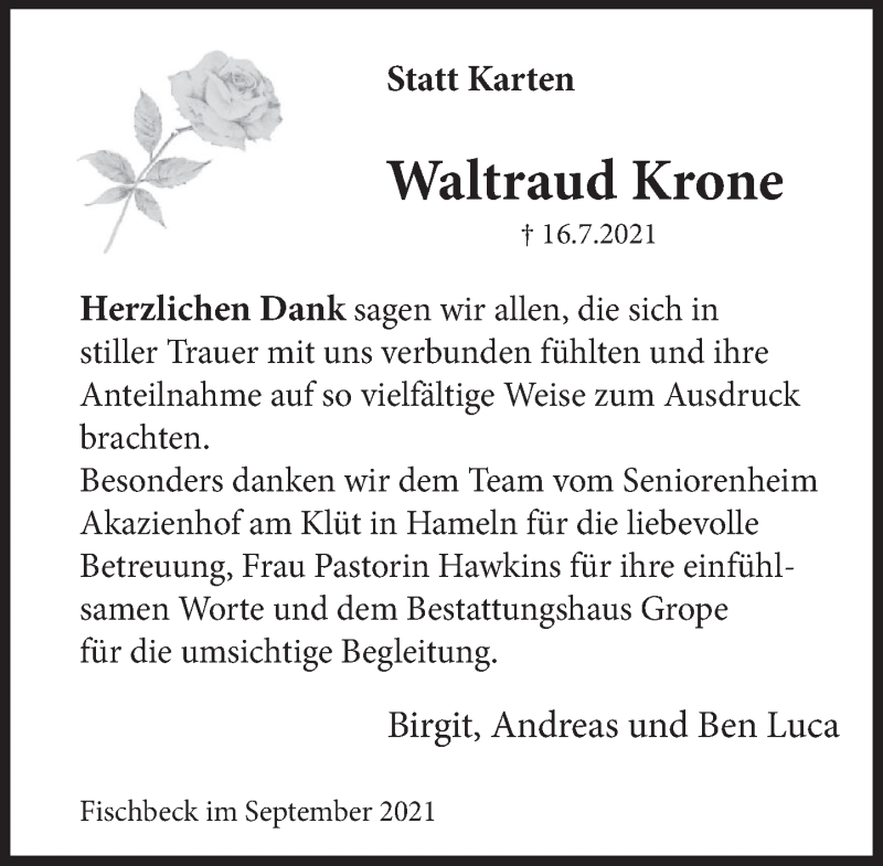  Traueranzeige für Waltraut Krone vom 11.09.2021 aus Deister- und Weserzeitung