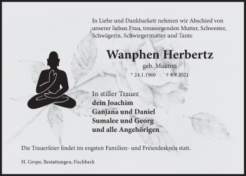 Traueranzeige von Wanphen Herbertz von Deister- und Weserzeitung
