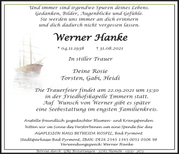 Traueranzeige von Werner Hanke von Deister- und Weserzeitung