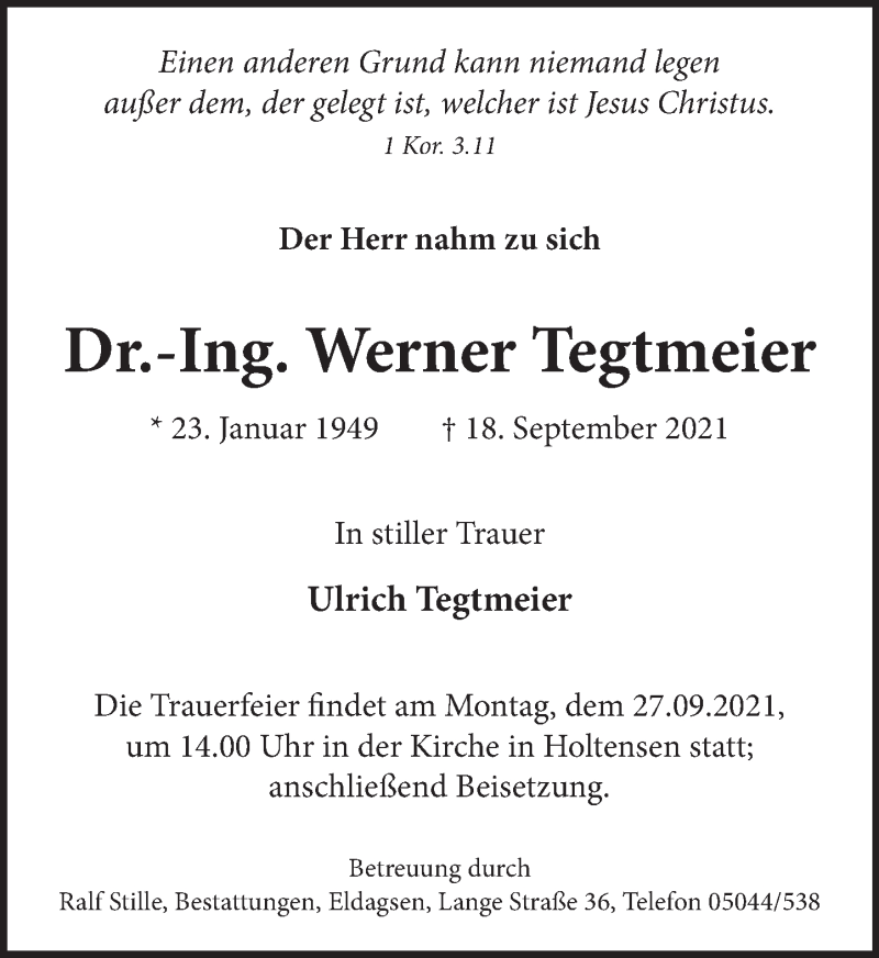  Traueranzeige für Werner Tegtmeier vom 22.09.2021 aus Neue Deister-Zeitung