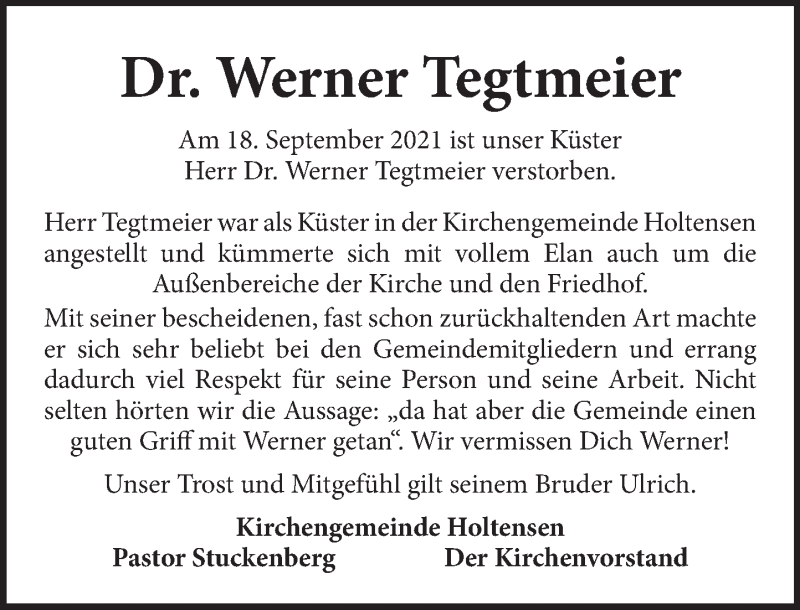  Traueranzeige für Werner Tegtmeier vom 25.09.2021 aus Neue Deister-Zeitung
