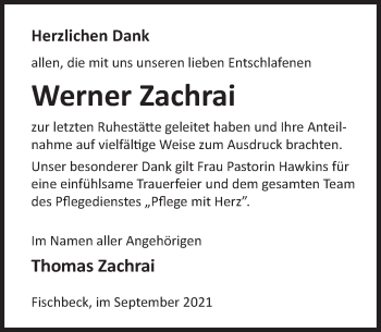 Traueranzeige von Werner Zachrai von Deister- und Weserzeitung