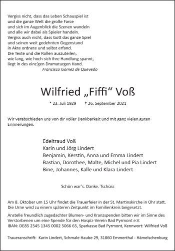 Traueranzeige von Wilfried Voß von Deister- und Weserzeitung