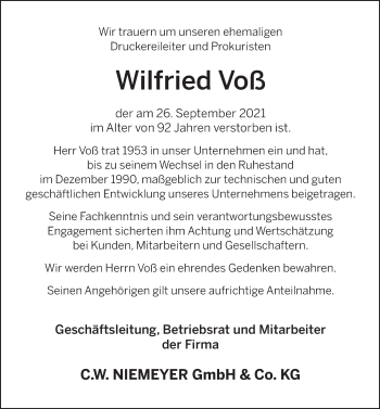 Traueranzeige von Wilfried Voß von Deister- und Weserzeitung