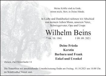 Traueranzeige von Wilhelm Beins von Deister- und Weserzeitung