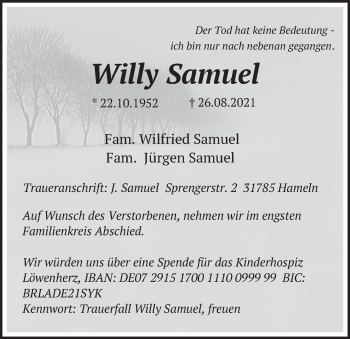 Traueranzeige von Willy Samuel von Deister- und Weserzeitung