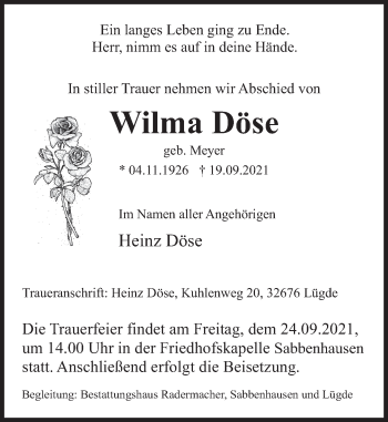 Traueranzeige von Wilma Döse von Deister- und Weserzeitung