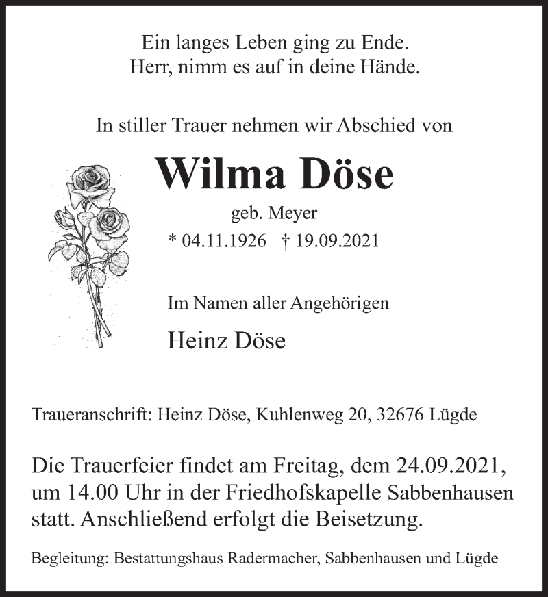  Traueranzeige für Wilma Döse vom 22.09.2021 aus Deister- und Weserzeitung