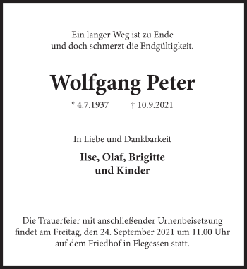 Traueranzeige von Wolfgang Peter von Deister- und Weserzeitung