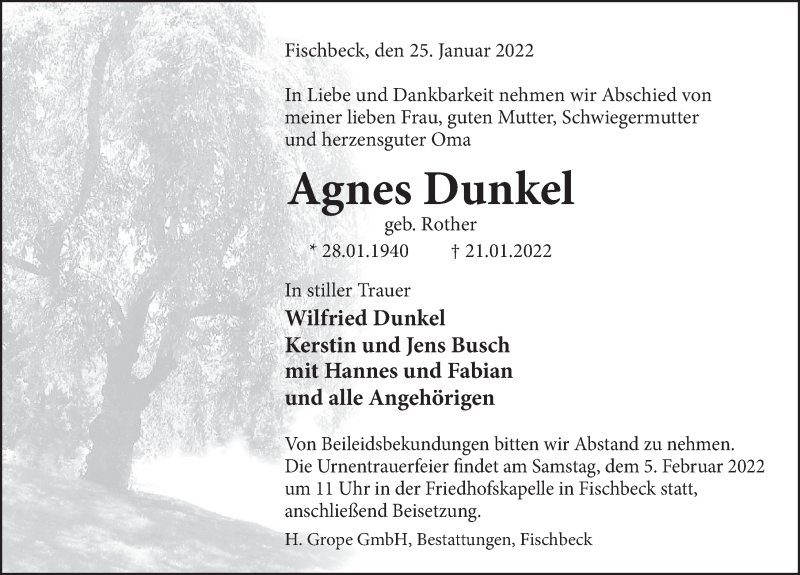  Traueranzeige für Agnes Dunkel vom 25.01.2022 aus Deister- und Weserzeitung
