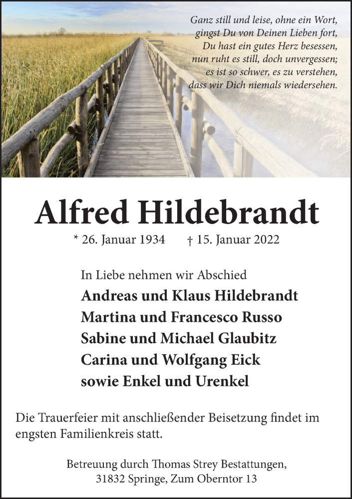  Traueranzeige für Alfred Hildebrandt vom 22.01.2022 aus Neue Deister-Zeitung