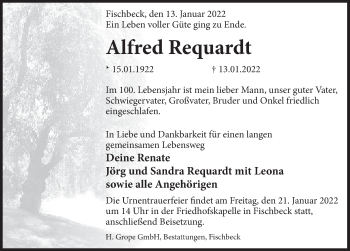 Traueranzeige von Alfred Requardt von Deister- und Weserzeitung