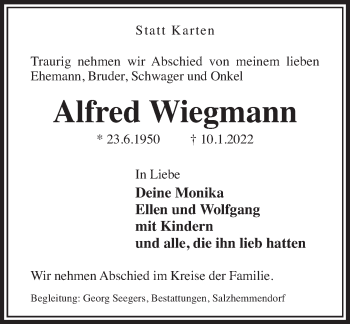 Traueranzeige von Alfred Wiegmann von Deister- und Weserzeitung