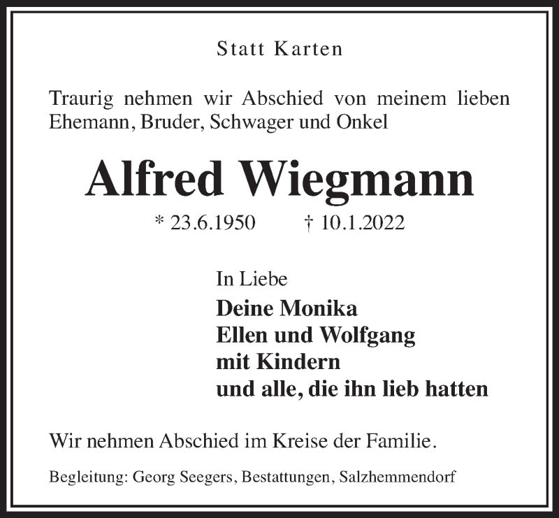  Traueranzeige für Alfred Wiegmann vom 15.01.2022 aus Deister- und Weserzeitung
