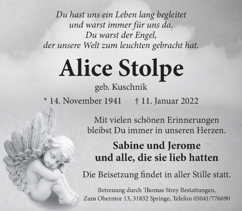  Traueranzeige für Alice Stolpe vom 22.01.2022 aus Neue Deister-Zeitung