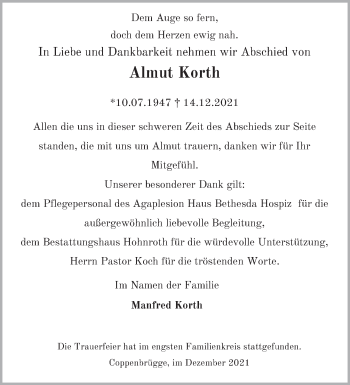 Traueranzeige von Almut Korth von Deister- und Weserzeitung
