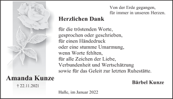Traueranzeige von Amanda Kunze von Deister- und Weserzeitung