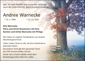 Traueranzeige von Andree Warnecke von Deister- und Weserzeitung