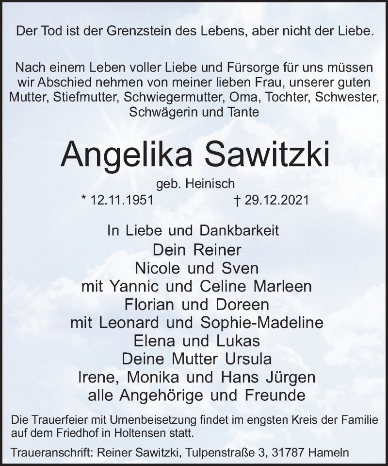  Traueranzeige für Angelika Sawitzki vom 08.01.2022 aus Deister- und Weserzeitung