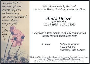 Traueranzeige von Anita Henze von Deister- und Weserzeitung