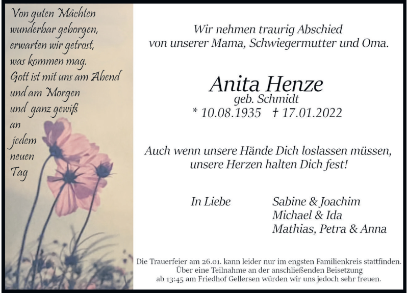  Traueranzeige für Anita Henze vom 22.01.2022 aus Deister- und Weserzeitung