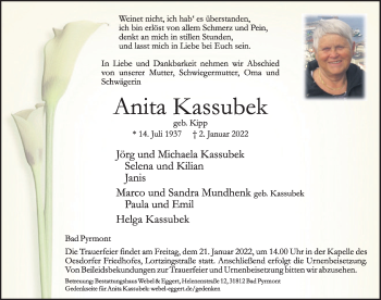 Traueranzeige von Anita Kassubek von Deister- und Weserzeitung