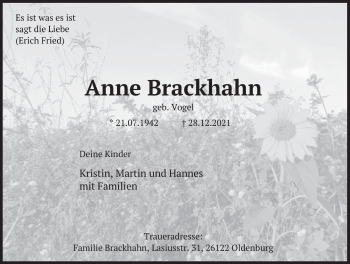 Traueranzeige von Anne Brackhahn von Deister- und Weserzeitung