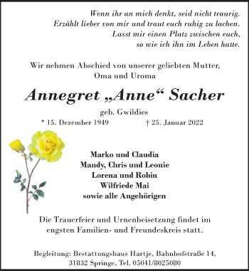 Traueranzeige von Annegret  Sacher von Neue Deister-Zeitung